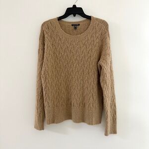 Eileen Fisher Tan 100% Organic Cotton Cable Knit Sweater Medium Fuzzy Crewneck
